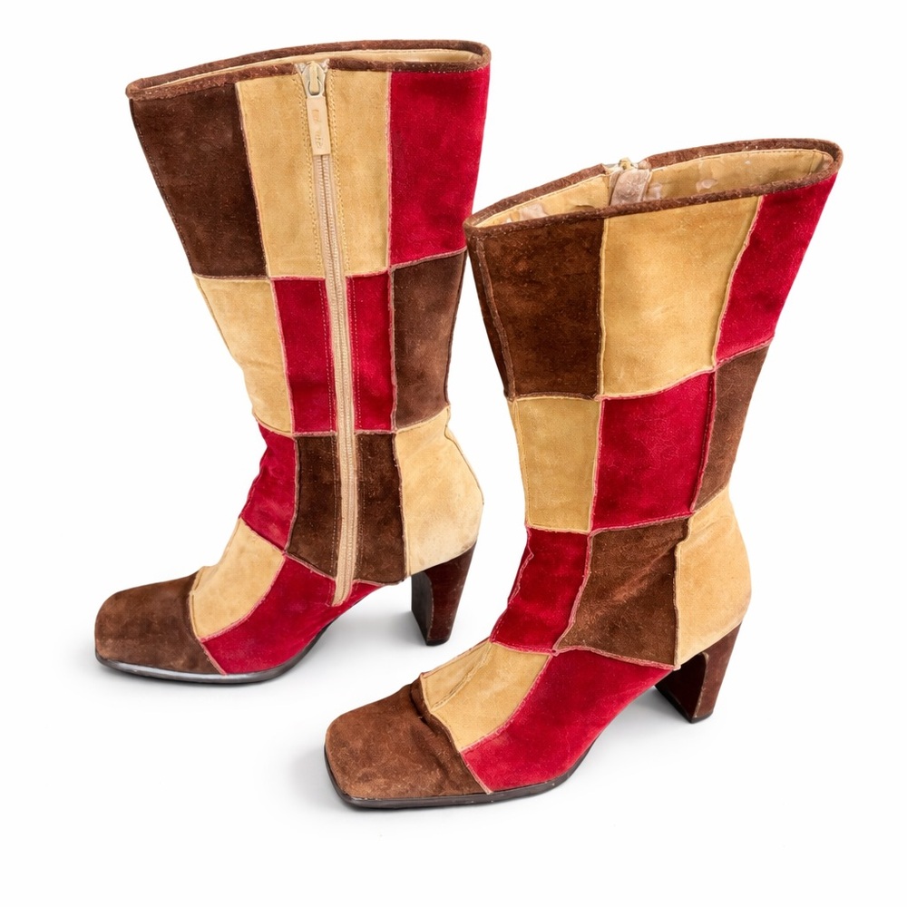 Vintage Me Too Patchwork Suede Knee-High Boots Red Tan Brown Boho Y2K No Size